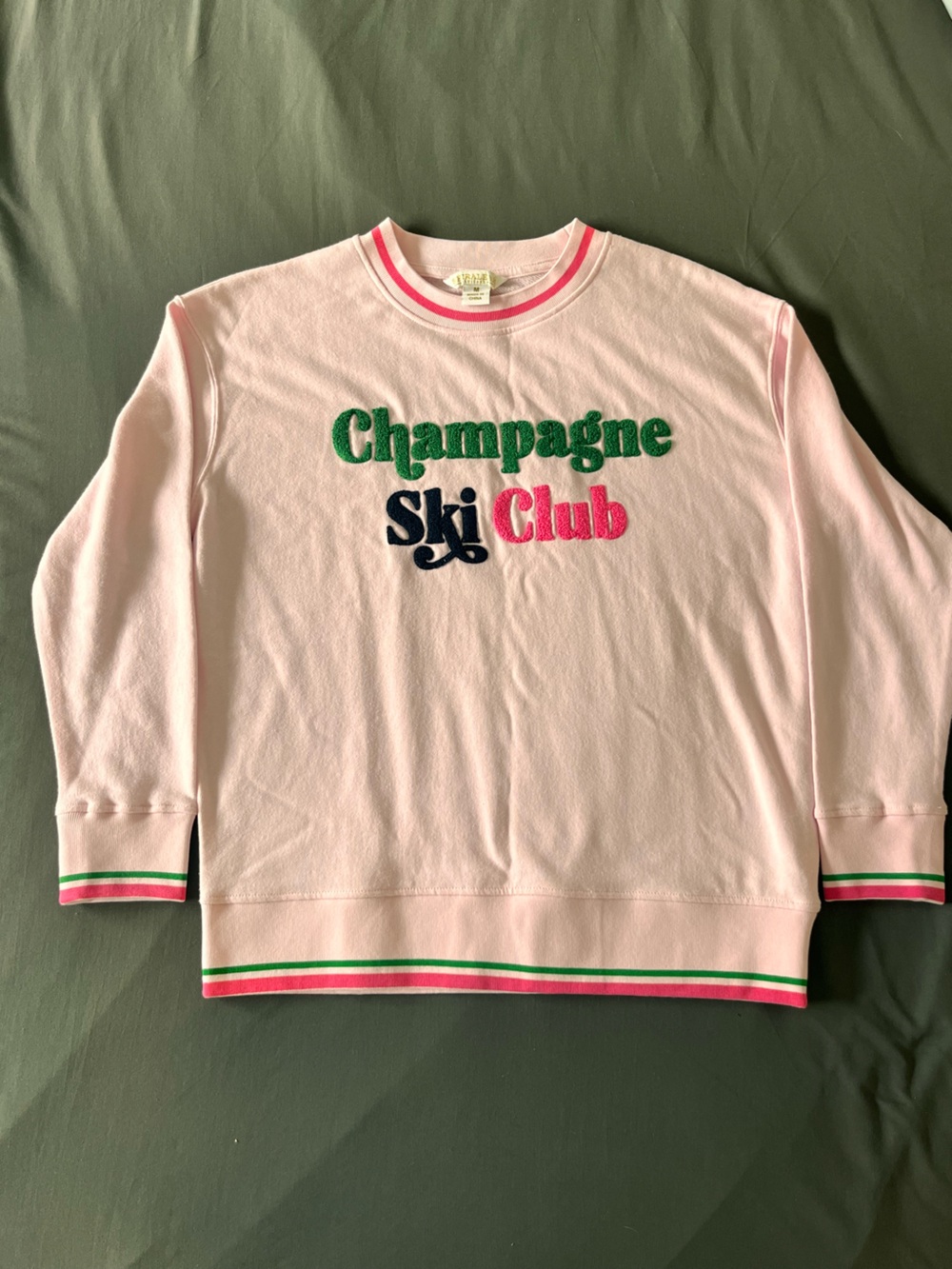 “Champagne Ski Club” Crewneck Sweatshirt with Green, Navy & Hot Pink Lettering